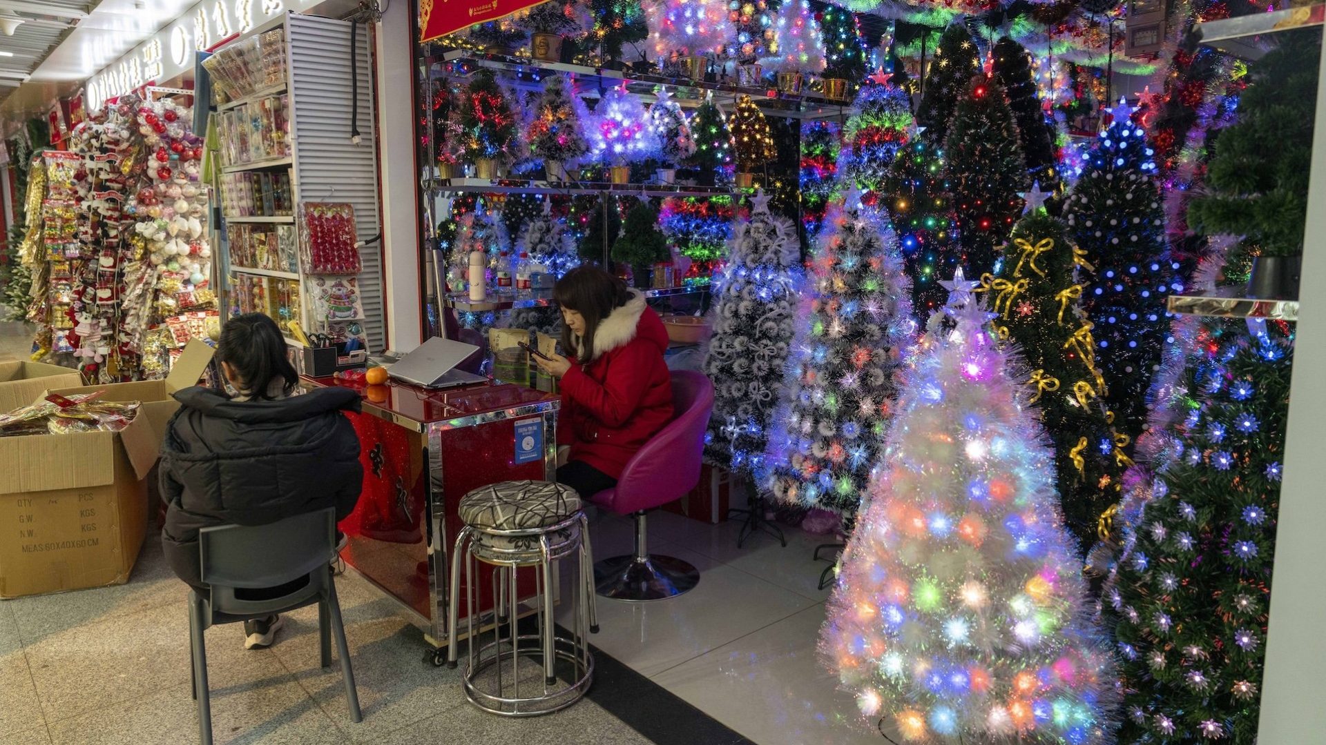 Christmas decorations for sale at the Yiwu International Trade City in March 2024.